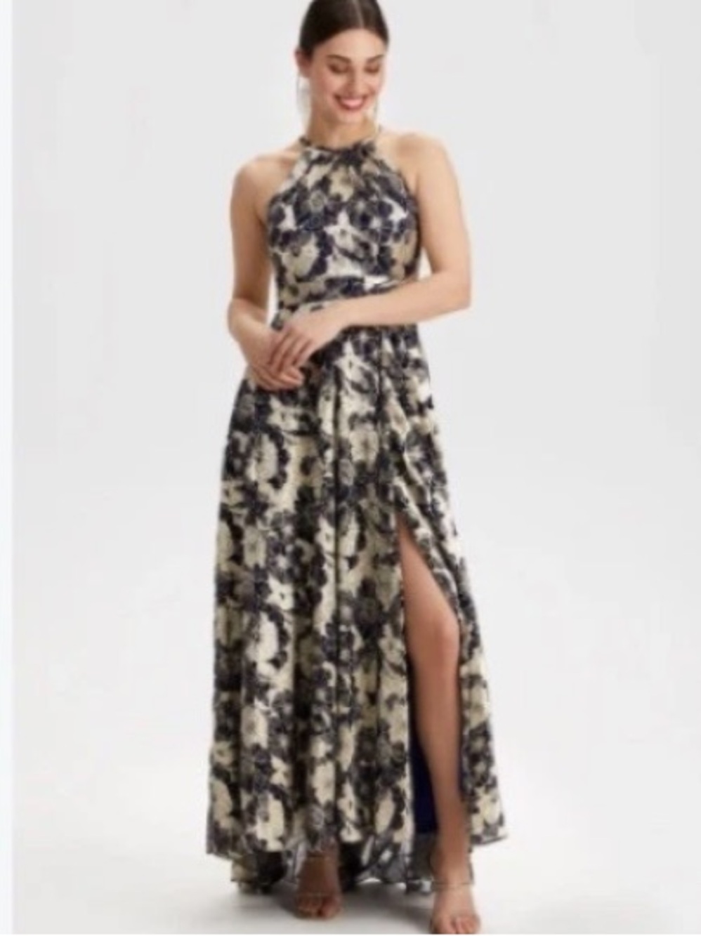 Betsy & Adam Gold Blue Metallic Floral Halter Dress Gown Wedding, Prom, Formal 2